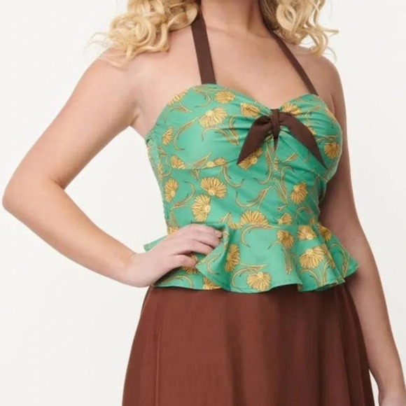 Unique Vintage Tops - NWOT Unique Vintage Green Floral Retro Pinup Peplum Halter Blouse Top